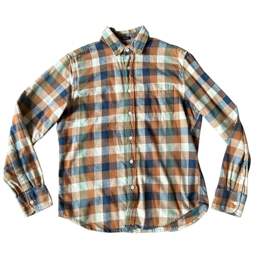 J.Crew Men's Brown Green & White Buffalo Check Long Sleeve Flannel Shirt- Size M